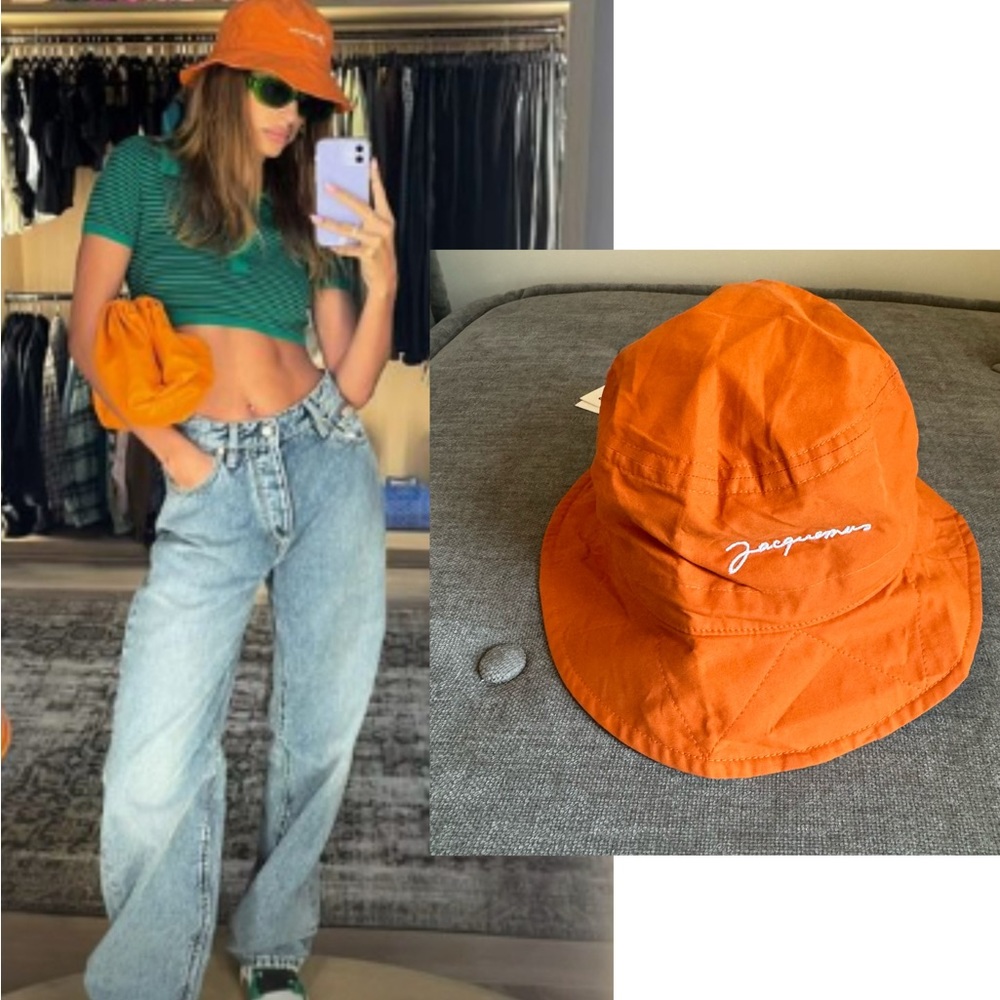 Jacquemus orange logo bucket hat seen on Hailey size56